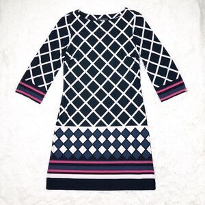 Jessica Howard Black White Lattice Print Stretchy Shift‎ Dress 3/4 Sleeves Small